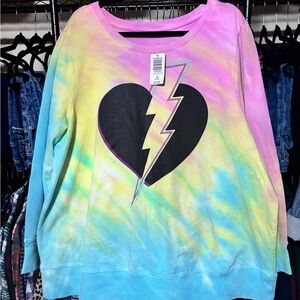 LoveSick Heart Breaker Fleece Multi Tie-Dye Crewneck Sweatshirt NWT